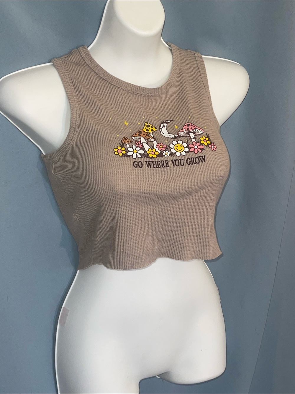 Tan Ribbed Graphic Crop Tank Top with Floral Mushroom Print - Picture 4 of 4